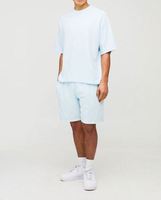 Conjunto de Camiseta y Pantalones Cortos de Punto Acanalado Azul Claro para Hombre, Cuello Redondo, Ropa Casual de Verano, Transpirable, Color Sólido, Corte Holgado