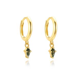 Boucles d'oreilles créoles classiques en pierre verte en gros, en argent sterling S925 avec breloque en agate mousse pour femmes - Product Image 5