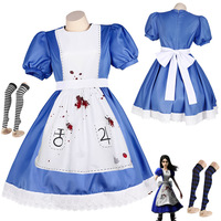 Disfraz de Cosplay de Alice Maid, Vestido Azul y Blanco con Manchas de Sangre, Tela de Poliéster, Verano 2025, para Halloween, Juegos, Anime, Juego de Rol