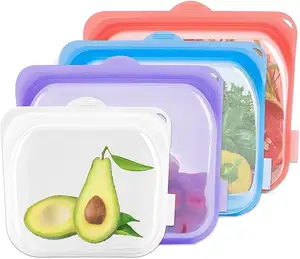 Food Grade Silicone Reusable Storage Bags, 4-Pack BPA Free Meal Prep Food Storage Containers Set for Meat, Veggies, Fruit