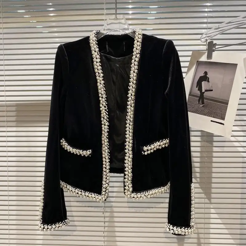 Ladie's Suit 2021 Spring Autumn New Pearl Edge Velvet Elegant Women's Blazer Fashion Short Coat Vintage Jacket Loose Black Coats