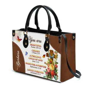 A Precious Child Of God Personalized Leather Handbag For Women Roses And Cross Shoulder Bags POD Customized Name Ladies Tote Bag