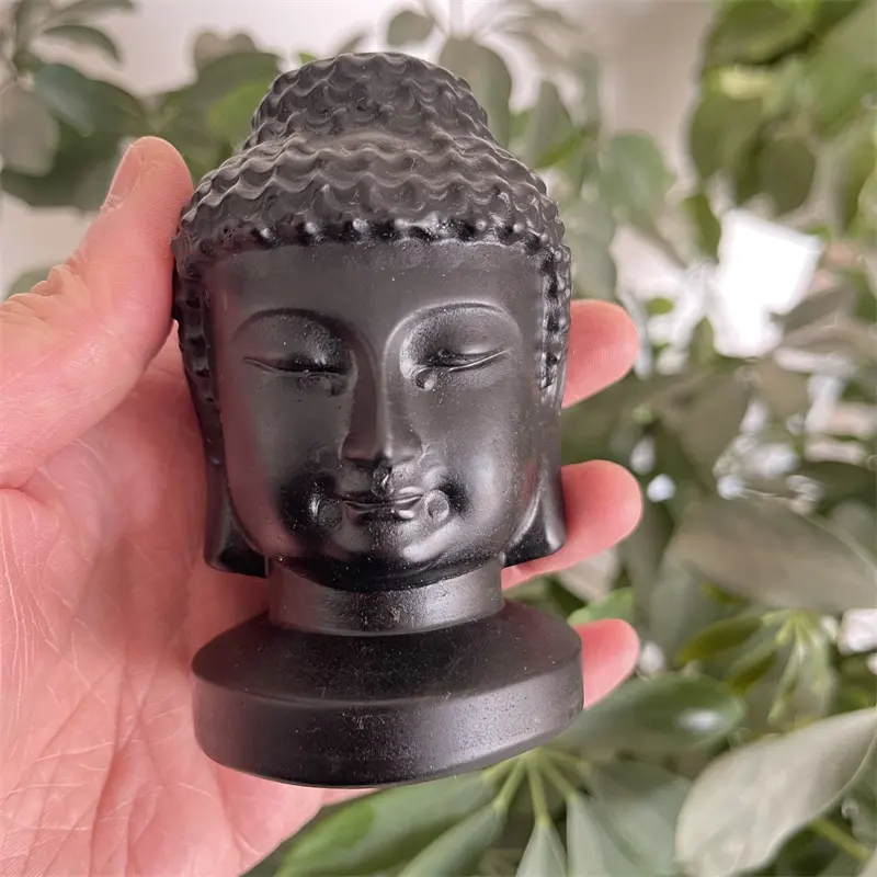 Grosir kerajinan kristal Buddha patung kristal alami ukiran hitam kristal Obsidian Buddha kepala