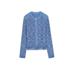 Women's Blue Crew Neck Long Sleeve Single-Breasted Wool <b>Fringed</b> Knit Sweater Breathable Vintage Spring Elegant High-End <b>Top</b> - Product Image 5