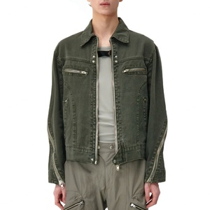 Veste en jean délavé pour homme avec fermeture éclair, style décontracté, personnalisable avec logo, vente en gros - Product Image 3