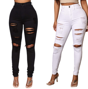 Viviblook Z0122PT01 <b>Women</b> Plus Size <b>Jeans</b> New Black and White <b>Elastic</b> Ripped <b>Jeans</b> <b>Women</b> <b>Elastic</b> Trousers Pants - Product Image 1