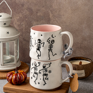 Tazze alla moda con scheletro danzante di Halloween, bicchieri in porcellana con stampe di streghe e pipistrelli, tazze da festa per la casa - Product Image 4