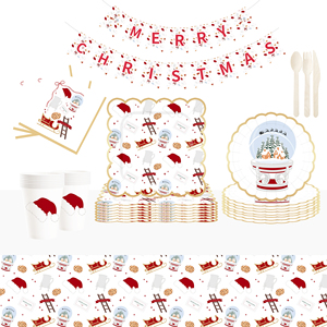 DAMAI Customized Christmas Party Tableware <b>Set</b> with Red Hat House Crystal Balls Patters Disposable Paper Plates Cups Napkins - Product Image 1