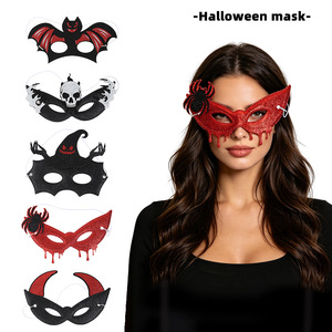 Máscara de media cara de Halloween con purpurina, máscara de ojos de fieltro, máscara de disfraz de murciélago, calavera, bruja, araña, diablo, cuernos, accesorio de cosplay para Halloween - Product Image 1