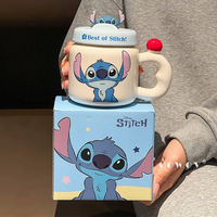 Mug en céramique Stitch de dessin animé Disney à succès avec poignée et couvercle, tasse à café et à lait pour le bureau, la maison et les cadeaux