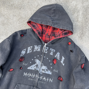 Nueva Sudadera con Capucha con Cremallera Estilo Streetwear, Oversize, de Algodón, con Efecto Desgastado, Forro a Cuadros, Lavado Ácido, Reversible - Product Image 3