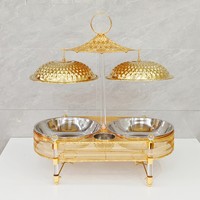 Chauffe-plat buffet pratique et luxueux en acier inoxydable, alimenté à l'alcool, capacité 12L, avec grille divisée et couvercle doré suspendu