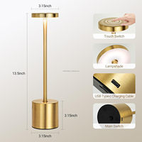 Lampe de table de nuit USB de luxe pour hôtels gradation tactile dorée avec base en cristal Rose et câble USB abat-jour en métal alimenté par batterie