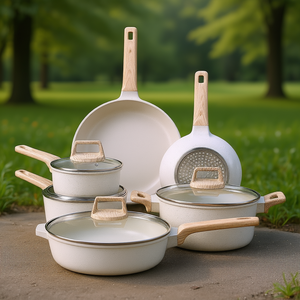 Juego de utensilios de cocina de granito blanco antiadherente para inducción, 17 piezas, de aluminio con tapa de vidrio, mango de madera, revestimiento cerámico, apto para horno. - Product Image 2