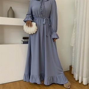 6389# New Coming High Quality Nida Dress Pleated Big Hem Style Cute Buttons Long Sleeve Maxi Dress <b>Islamic</b> Muslim Dresses - Product Image 4