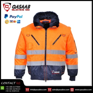 Chaqueta de Seguridad de Alta Visibilidad para Trabajo en Exteriores de Invierno, con Cremalleras Largas, Reflectante, Color Naranja y Negro, con Cuello de Piel, en Venta - Product Image 2