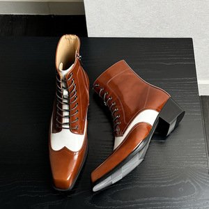 Botas de Tobillo de Cuero Genuino Premium para Hombre, Modelo 2026, Color Marrón y Blanco, Punta Cuadrada, Tacón Alto, Cierre Lateral con Cremallera - Product Image 1
