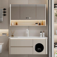 Meuble-lavabo de salle de bain flottant personnalisé, combinaison unique, 40 pouces, en contreplaqué PVC, crème, étanche, avec double tiroirs et miroir