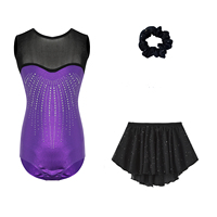 Ensemble de justaucorps de gymnastique pour filles B55, violet métallisé avec strass, jupe en mousseline scintillante, chouchou pour cheveux, ensemble de danse et de gymnastique personnalisé pour enfants