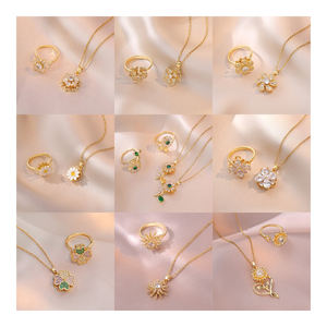 2件套镀金四叶草不锈钢纺向日葵钻石戒指手链项链耳环锆石套装 - Product Image 1