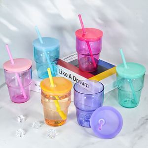 Vaso de vidrio apilable con degradado de color rosa, reutilizable, con tapa y pajita, para bebidas. - Product Image 3