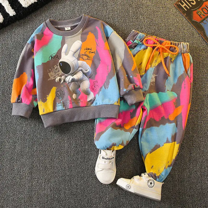 Spring Autumn Colorful Printed Tie Dyed Children's Street Wear Fashion Printed Boys Hoodie Set Kids Top & Pant Clothing Sets