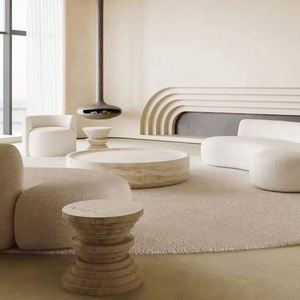 Mesa de Centro Redonda de Mármol Nórdico, Mesa de Té de <span class=keywords><strong>Piedra</strong></span> Natural, Mesa Auxiliar de Travertino para Decoración de Sala de Estar - Product Image 4