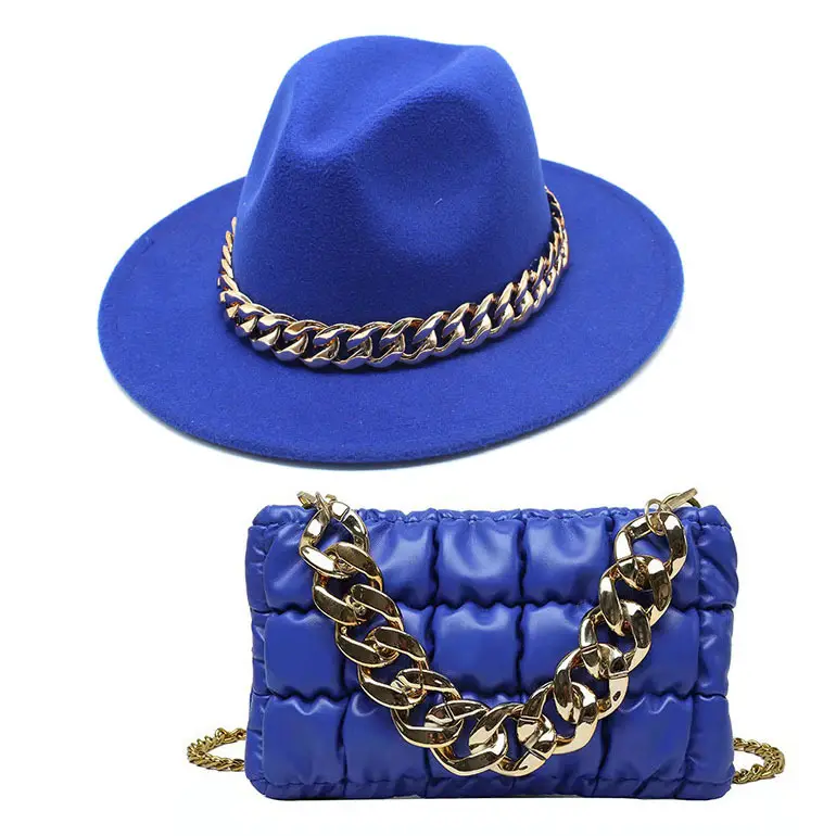 Ladies Classics Solid Felt Hats Gold Chain And Women Crossbody Bags Handbags Match set