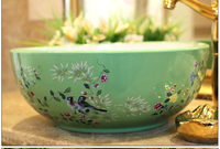 Lavabo Hecho a Mano por Proveedor Chino, Lavabo Redondo de Cerámica con Diseño de Flores y Pájaros, Lavabo Decorativo Colorido para Baño en Venta