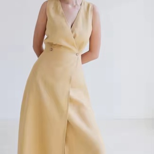 Vestido de Lino Beige Sólido al por Mayor para Mujer, con Logotipo Personalizado, Sin Mangas, Estilo Casual, Largo Maxi, para Primavera, Tejido de Alta Calidad - Product Image 3