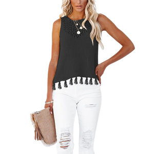 Gilet en tricot à col rond pour femme, design ajouré à franges, vert, noir, abricot, pour l'été et le printemps - Product Image 2