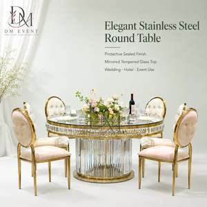 Table de banquet de mariage ronde sur mesure en acier inoxydable doré avec base à franges de cristal et plateau en verre trempé miroir - Product Image 1