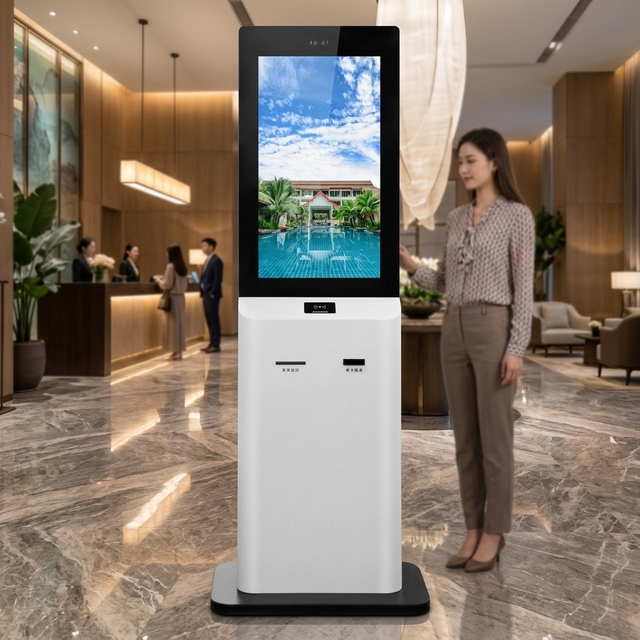 32" Floor Standing Hotel Smart Check-In Kiosk Face Recognition Passport Reader Receipt Printer Self-Service Terminal
