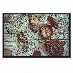 Mapa del Mundo Antiguo, Impresión Art Deco en Panel, Brújula de Latón, Arte de Pared Colgante, Lienzo Enmarcado Transparente - Product Image 1