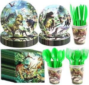 Décorations d'<span class=keywords><strong>anniversaire</strong></span> sur le thème des dinosaures, fournitures pour fête de dinosaures comprenant une bannière, une <span class=keywords><strong>nappe</strong></span>, des ballons, des décorations de gâteau, des assiettes, des serviettes pour fête d'enfants - Product Image 5