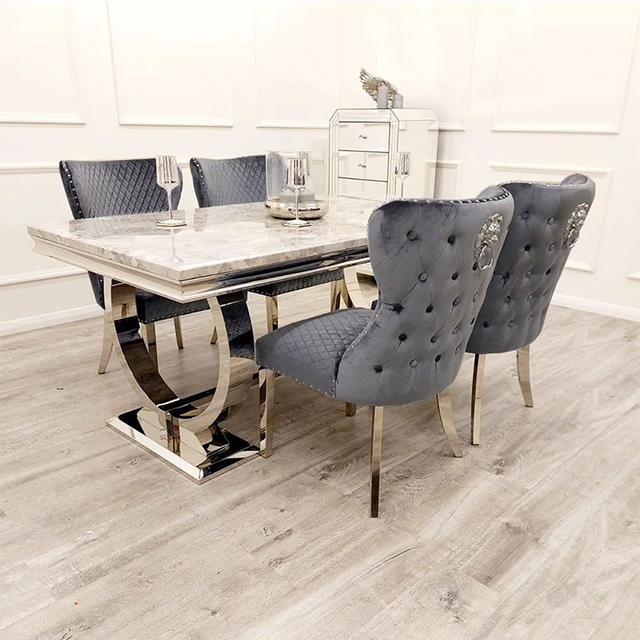 Luxury Modern Stainless Steel Dining Tables and Chairs Set Marble Top Dining Table Set for Home