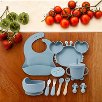 Ensemble de vaisselle pour bébé en silicone : bol, assiette en forme de crabe, bavoir, assiette compartimentée, cuillère, fourchette, tasse