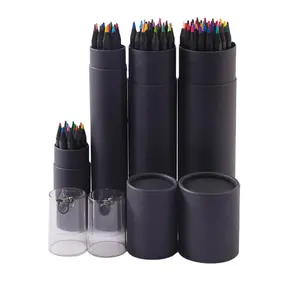 New products Eco friendly paper tube 12 pcs/set color pencils set custom round colored pencil black wooden pencil sets