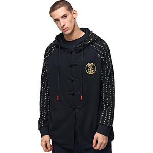 Sudadera con Capucha FOXA con Kanji Japonés para Hombre, Negra con Estampado Dorado en el Logotipo Trasero, Manga Regular, Tejido de Punto, Tallas Grandes - Product Image 2