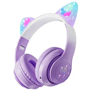 LED Light up Lovely Cat Ear Wireless Over-Ear Kids Headphones with Microphone for Children Teens Adults Girls Women