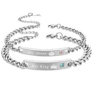 Her King His Queen Stainless Steel <b>Couple</b> <b>Bracelet</b> With Crown Engraving Gift For Lovers - Product Image 1