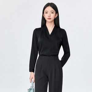 White Long Sleeve Chiffon V Neck Blouse Women Solid Color Commuting Shirt Polyester Fabric - Product Image 2