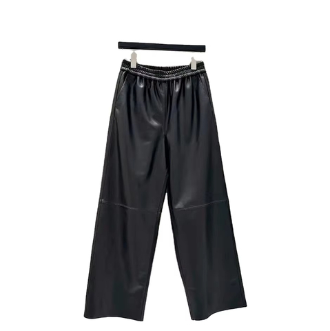 2201-3 New Fashion Female Leather Trousers Elastic Waist Loose Black Leather Pants Women