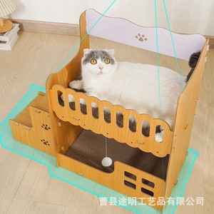 Double Layer Wooden Cat House 2 Levels Natural Wood Color Indoor Cat Villa With <b>Scratching</b> <b>Post</b> Cat Bed - Product Image 4