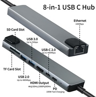 Adaptador USB 3.0 de 8 Puertos para Laptop con PD 2.1 de 100W, RJ45 LAN, Lector de Tarjetas TF/SD, Divisor Tipo-C de Aleación de Aluminio