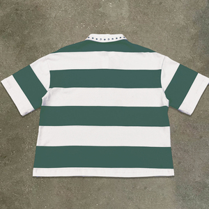 Camiseta recortada con hombros caídos de algodón 100% para hombre, ropa de calle, camiseta de gran tamaño a rayas, polos personalizados con diamantes de imitación de peso pesado - Product Image 4