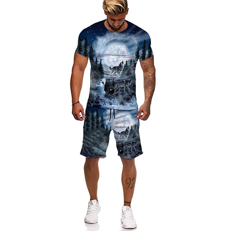 New Summer Plus Size Men's Short Sleeve T-Shirt Set 3D Printing Custom Pattern Animal Wolf Men's Short Sleeve T-Shirt Set