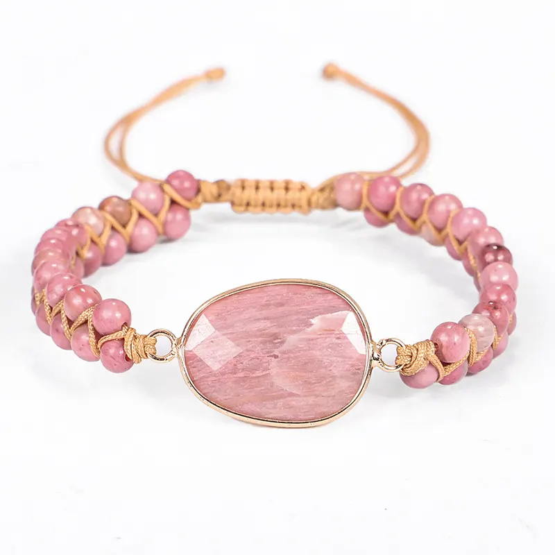 Originele Rhodochrosiet Natuursteen Kralen Armband Voor Vrouwen Handgemaakte Koord Gevlochten Macrame Armbanden Yoga Meditatie Armband