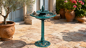 <span class=keywords><strong>Fontaine</strong></span> d'eau extérieure <span class=keywords><strong>solaire</strong></span> en résine écologique, résistante aux intempéries, avec sculpture de oiseaux et de poissons sautant sur piédestal vert antique - Product Image 4