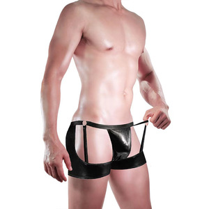 Boxers sexy pour hommes en similicuir taille basse avec découpes pour porte-jarretelles, sous-vêtements noirs en Spandex - Product Image 4